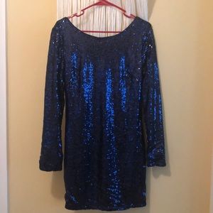 Long sleeve mini blue sequin dress